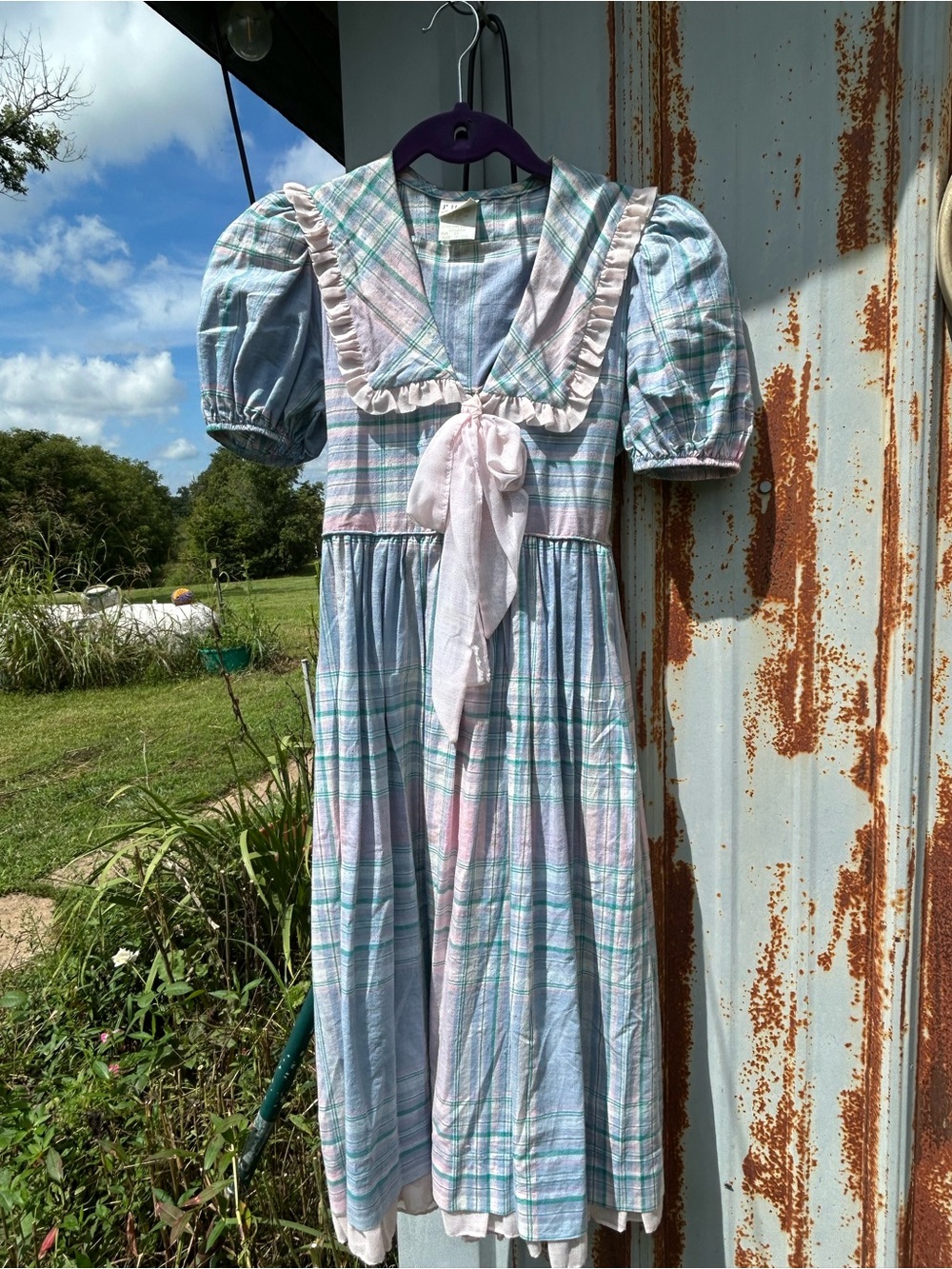 Vintage 80s Ruth of Carolina Plaid Prairie Dress Ruffle Sailor Collar Kids Size